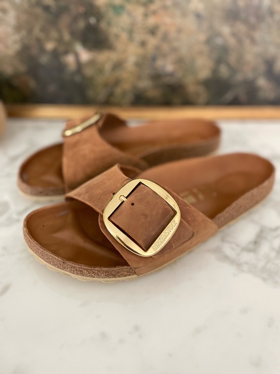 Birkenstock Shoes - Birkenstock Madrid Big Buckle Cognac Brown Leather size 10 Oiled Gold